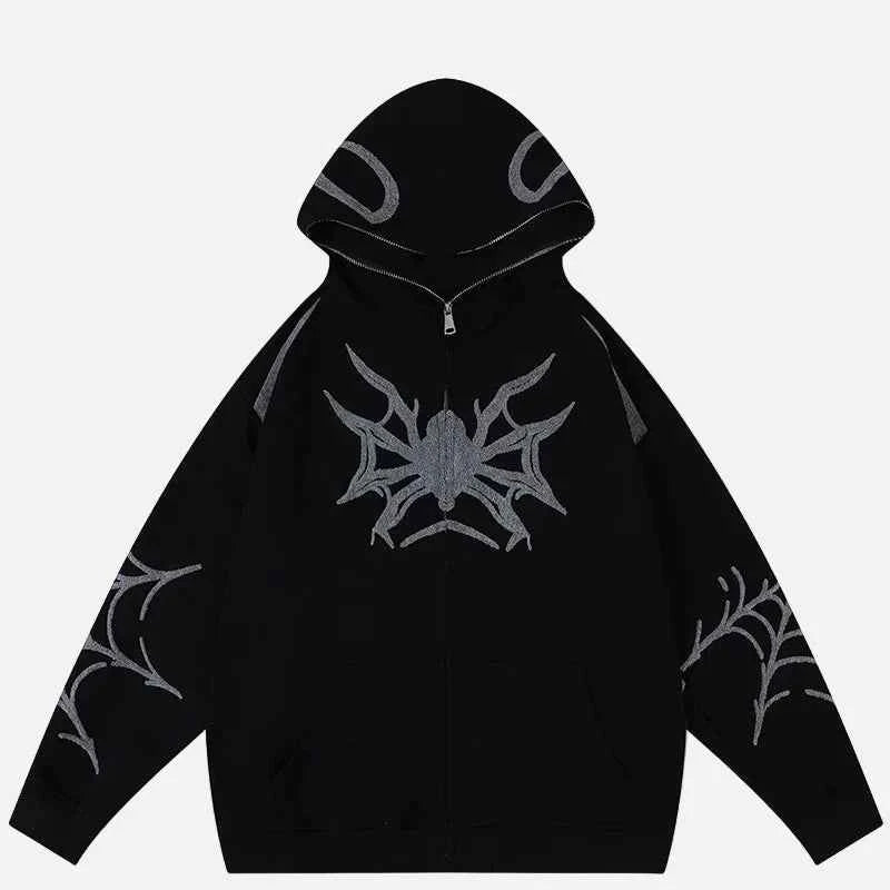 Spider Web Print Gothic Zip-Up Hooded Sweatshirt