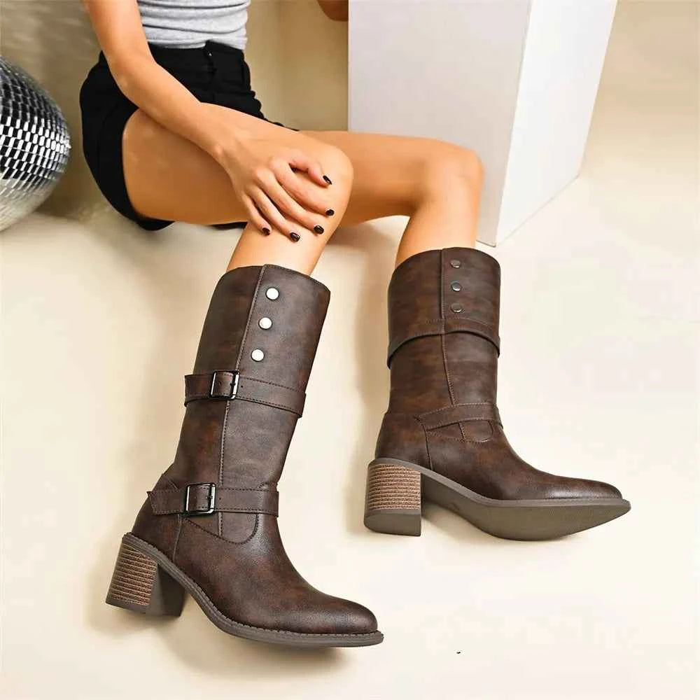 Retro Brown Hip Hop Cowboy Leather Boots