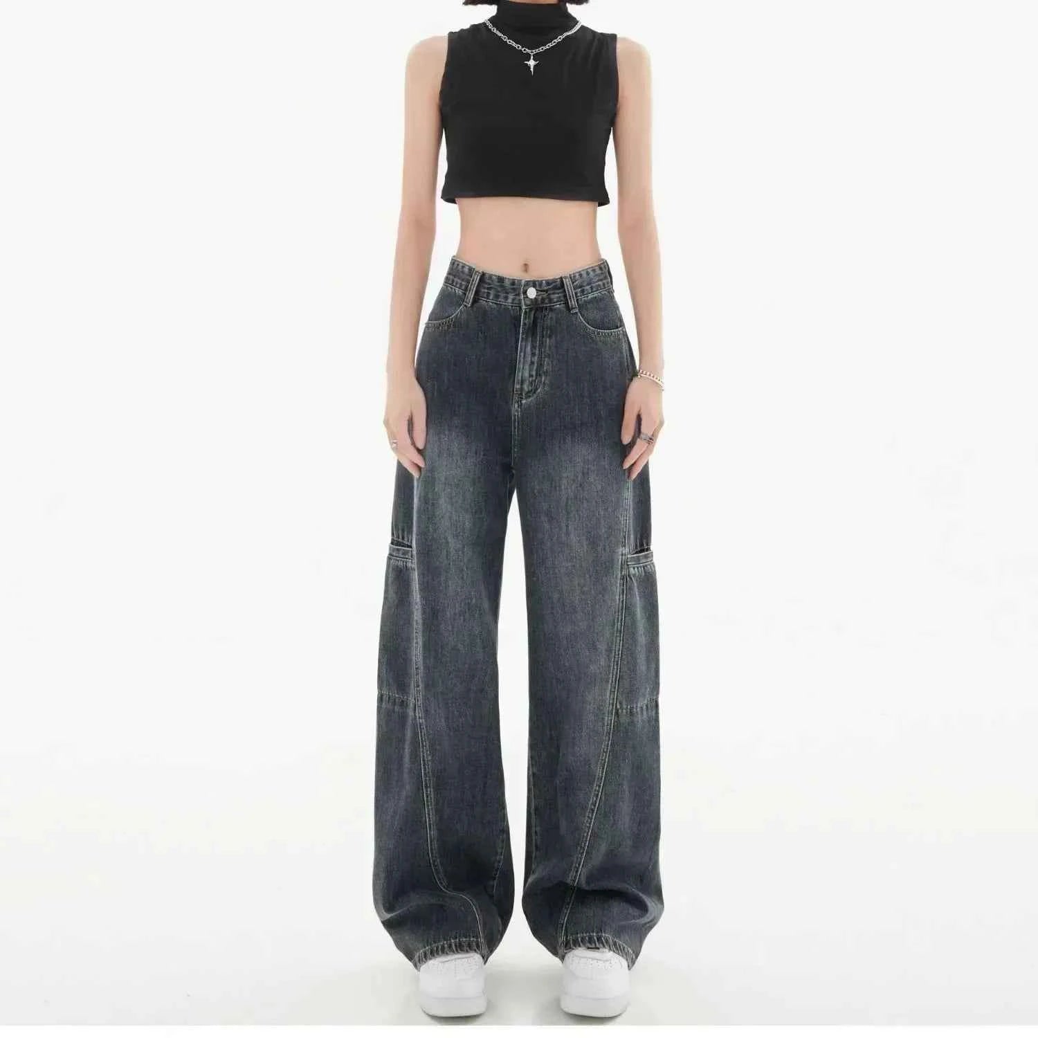 Women Vintage Washed Cargo Wide Leg Jeans