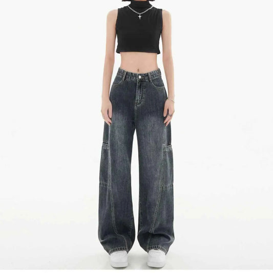 Women Vintage Washed Cargo Wide Leg Jeans