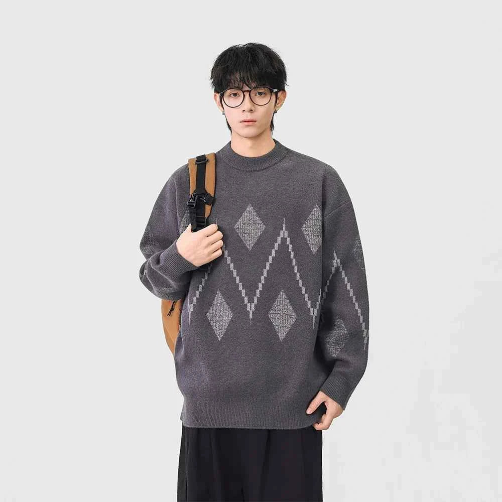 Cozy Argyle Knit Crew Neck Classic Sweater