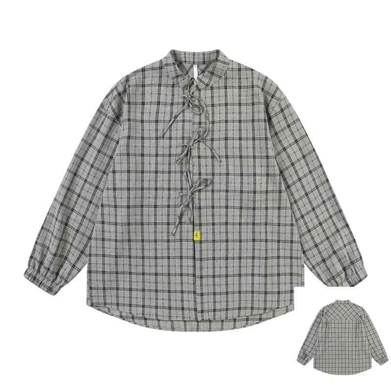 Elegant Gray Cool Plaid Blouse Long Shirt