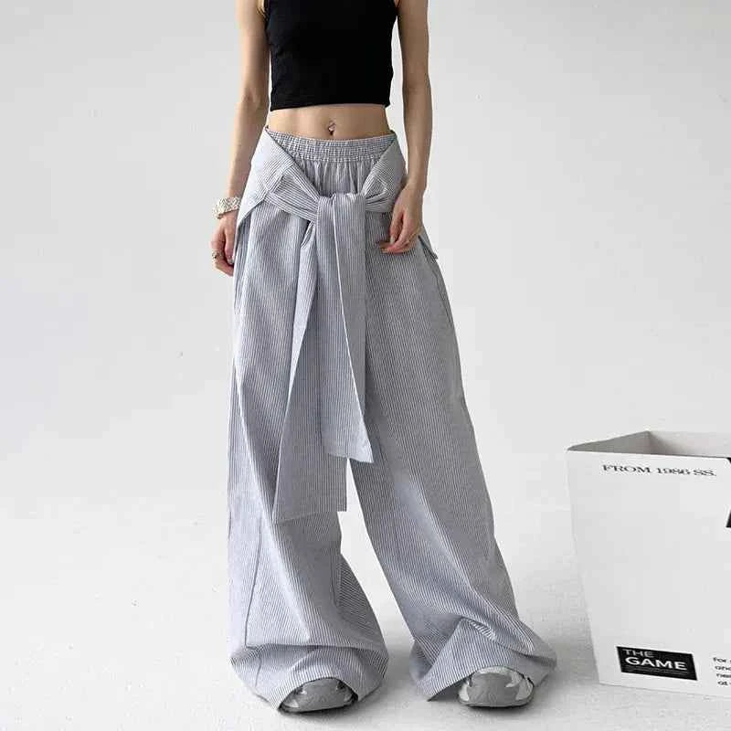 Women Vintage Korean Striped Lace-Up Pants