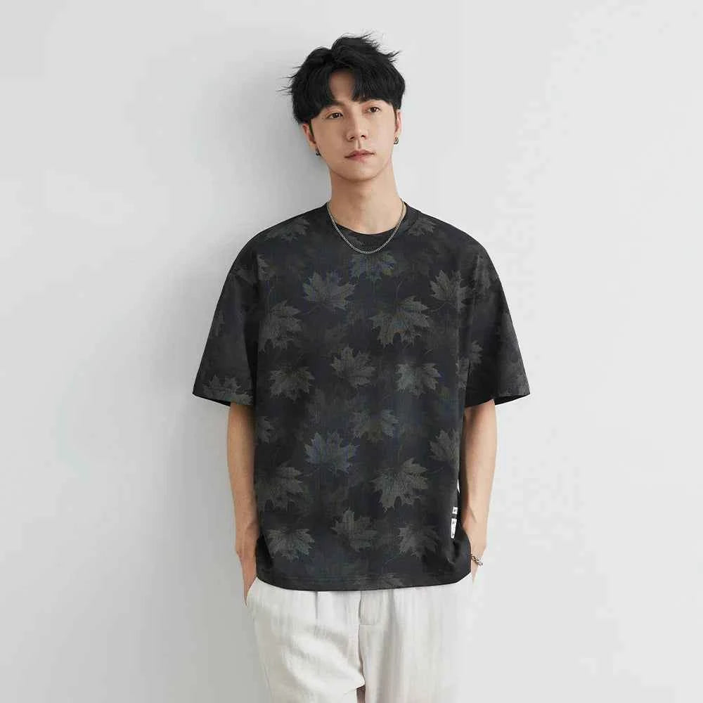 Men's Streetwear Retro Ink Dye Maple Leaf T-Shirt