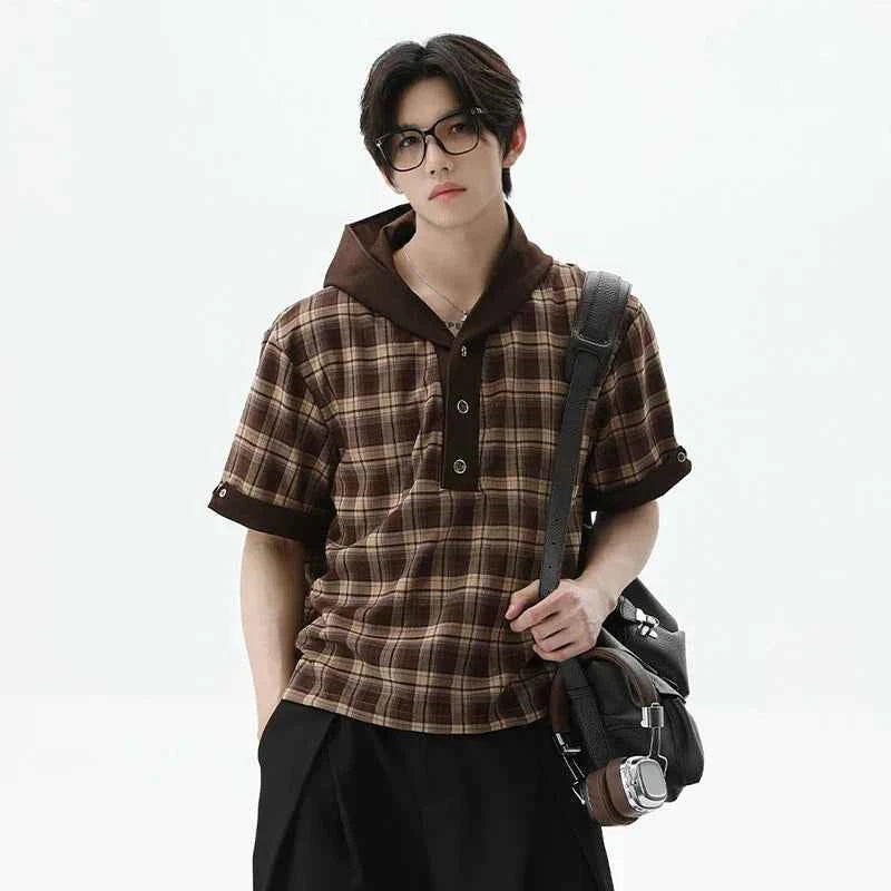 Effortless Plaid Button-Up Hooded T-Shirt