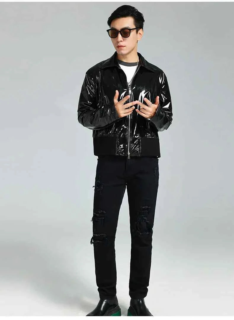 Black Shiny Reflective Patent PU Leather Jacket