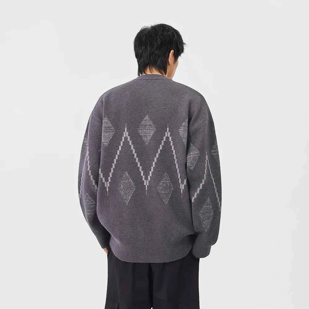 Cozy Argyle Knit Crew Neck Classic Sweater