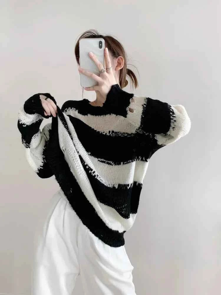 Women Comfort Cozy Striped Mohair Sweater