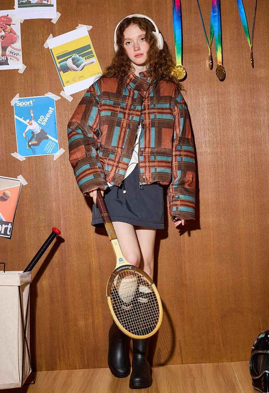 Women American Style Plaid Puffer Jacket