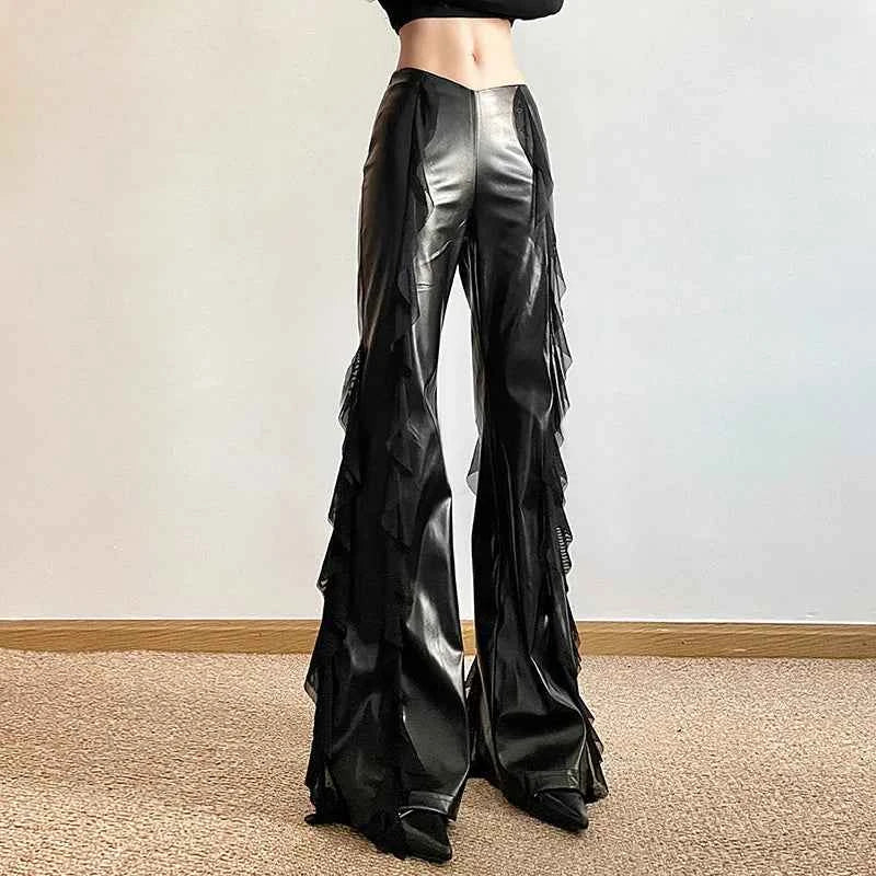 Faux Patchwork Mesh High Leather Pants