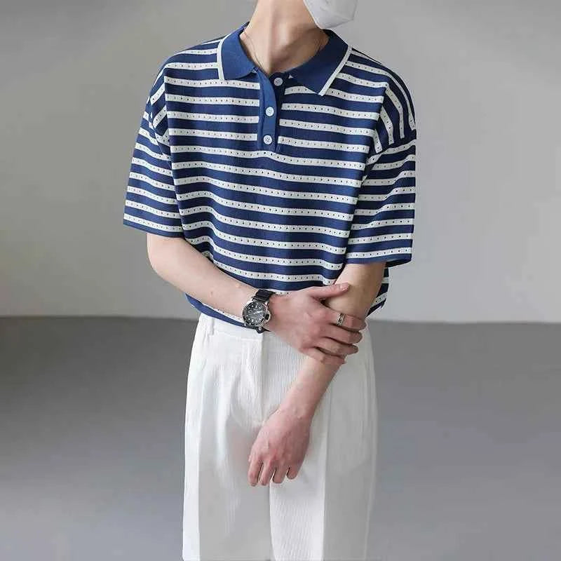 Classic Luxury Striped Polo Button Down T-Shirt