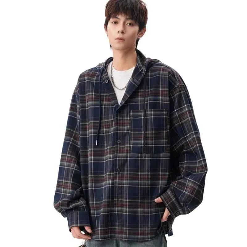 Versatile Y2K Plaid Hooded Long Sleeve Shirt