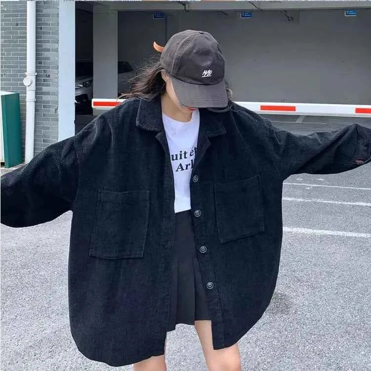 Women Black Corduroy Loose Fit Jacket