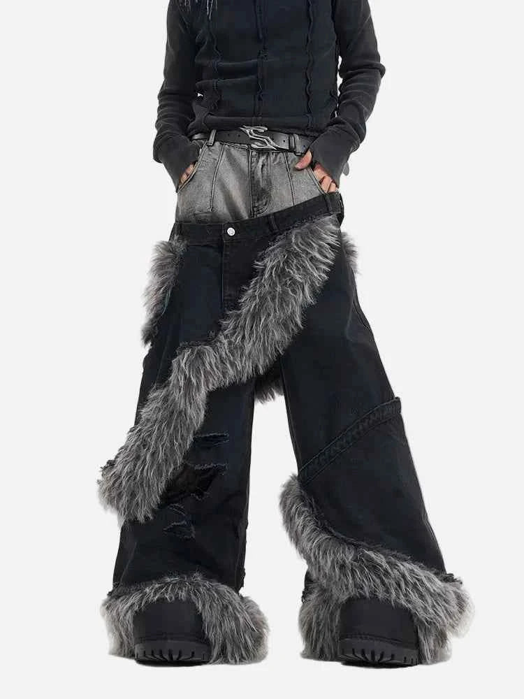Luxury Double Waisted Fur Patchwork Ripped Denim Jeans
