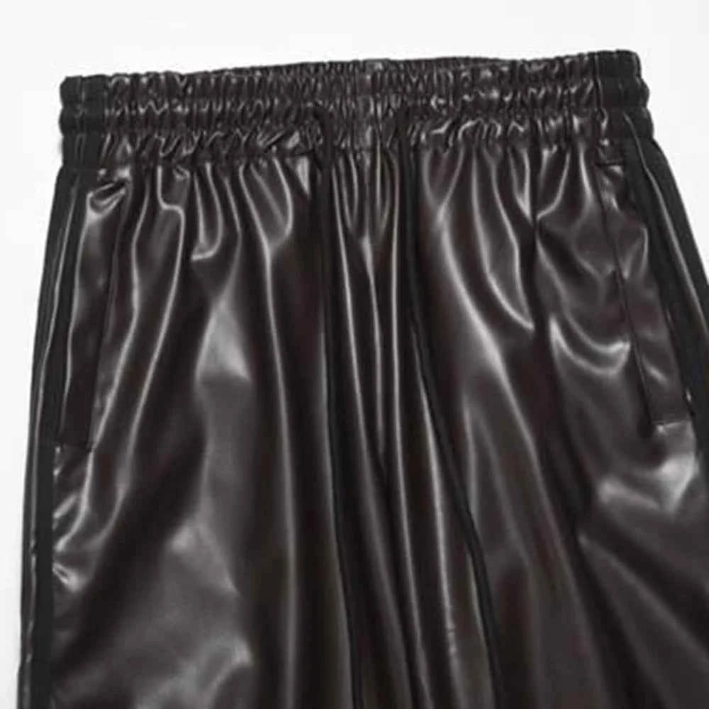 Cloud-Soft Feel Striped Velvet  PU Leather Pants
