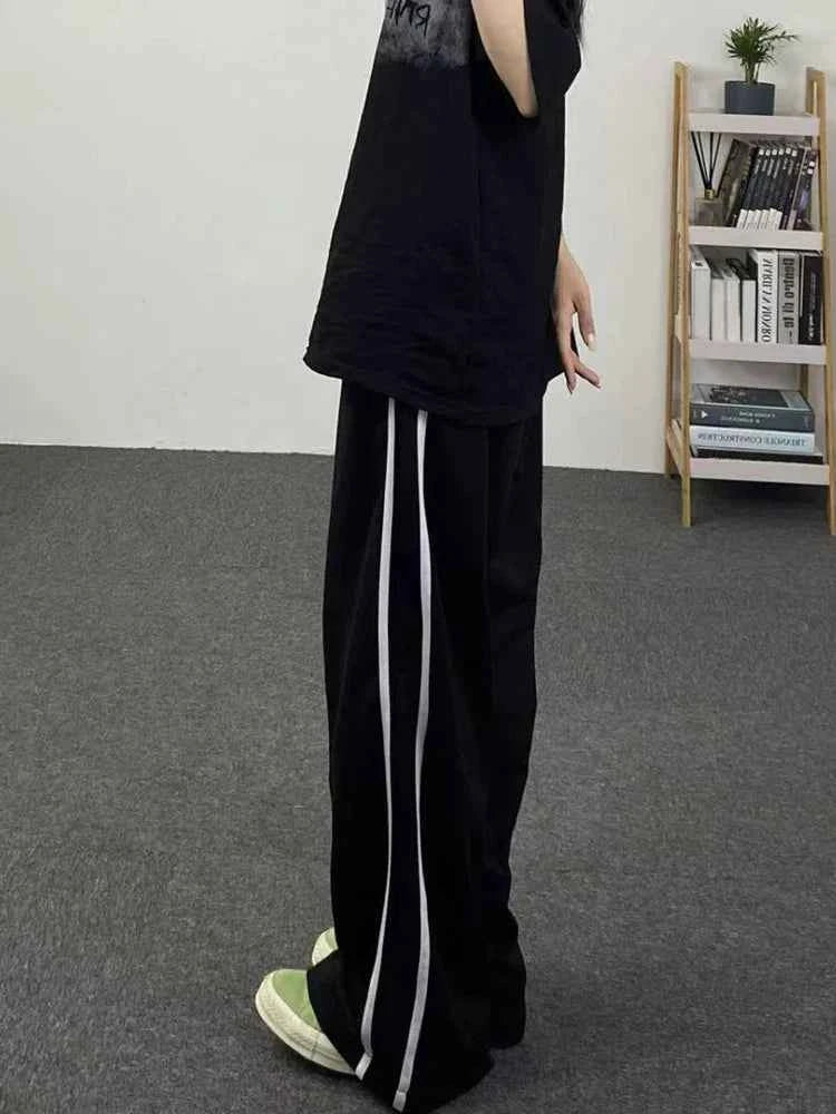 Women Vintage Striped High Waist Black Casual Pants
