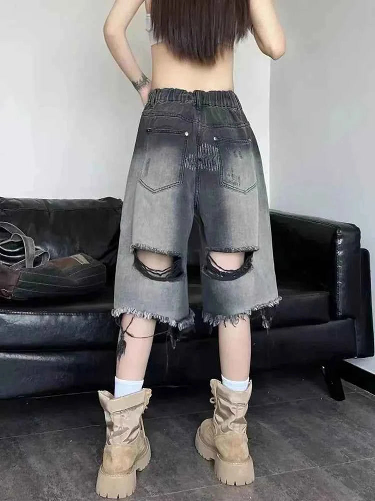 Women American Style Retro Gradient Denim Jorts