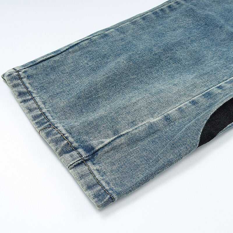HTH Flame Embroidery Blue Denim Pants
