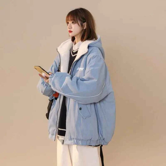 Women Winter Thickened Lamb Wool Hooded Jacket