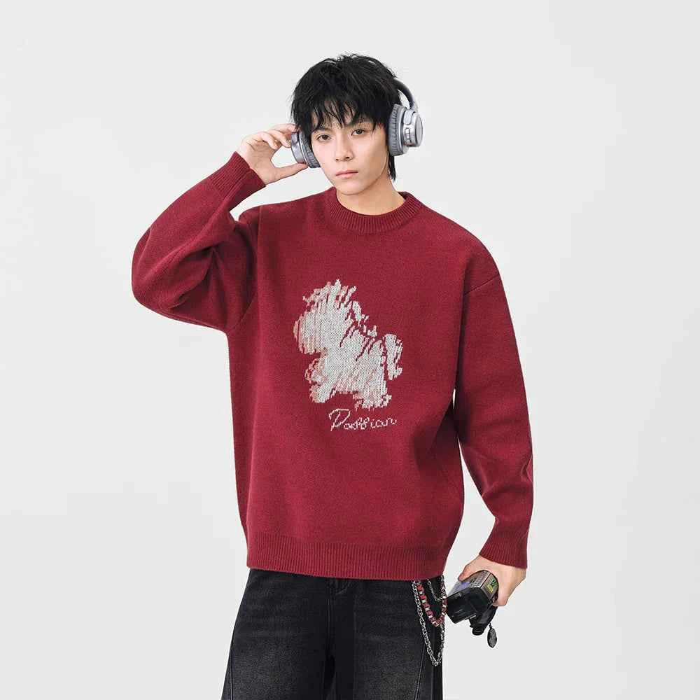 Abstract Unicorn Pattern Knitted Crew Neck Sweater