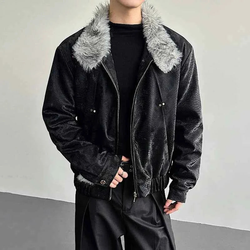 Niche Design Diamonds Fur Collar PU Leather Jacket