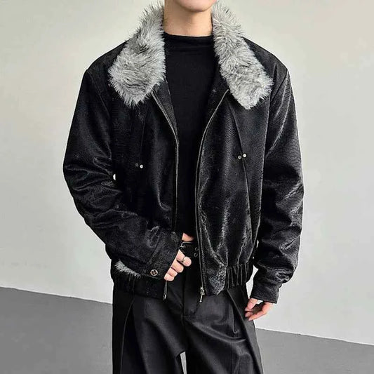 Niche Design Diamonds Fur Collar PU Leather Jacket