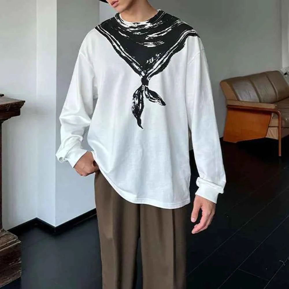 Contrast Black & White Fake Scarf T-Shirt