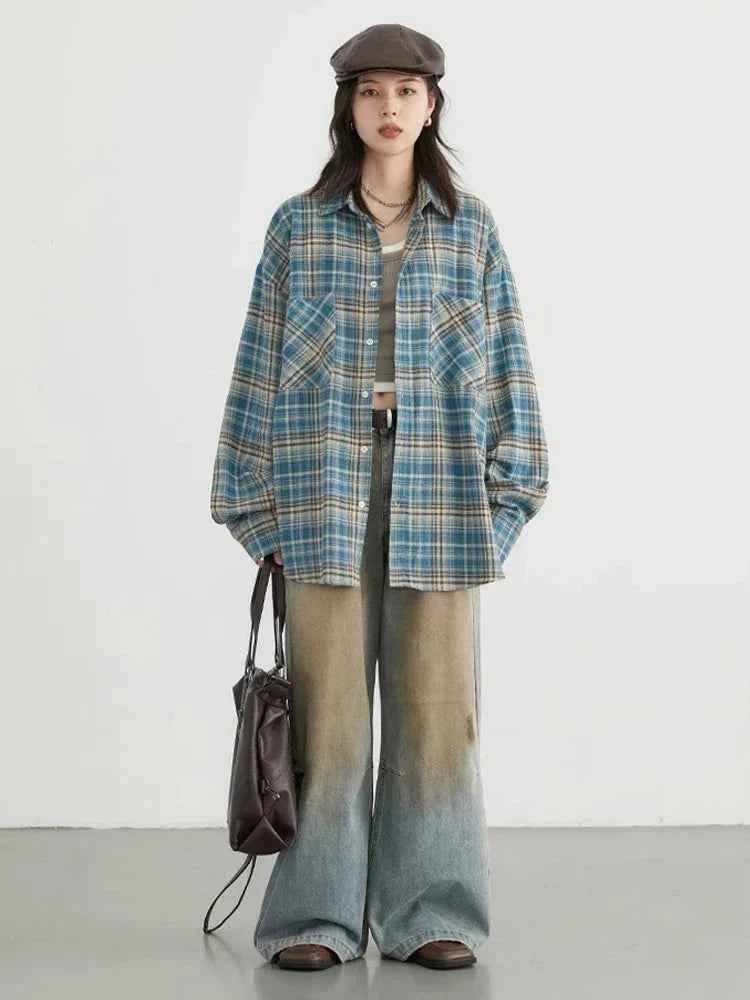 Women Vintage Plaid Oversize Long Sleeve Shirt