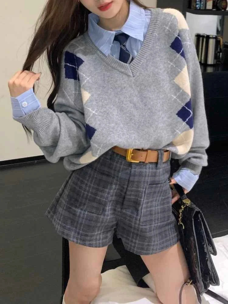 Women Vintage Argyle Gray Oversized Sweater