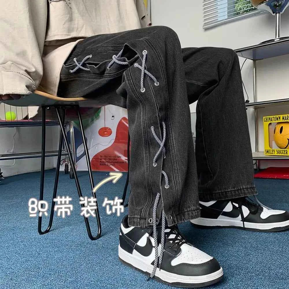 Y2K Streetwear Cool Black Lace-Up Baggy Jeans