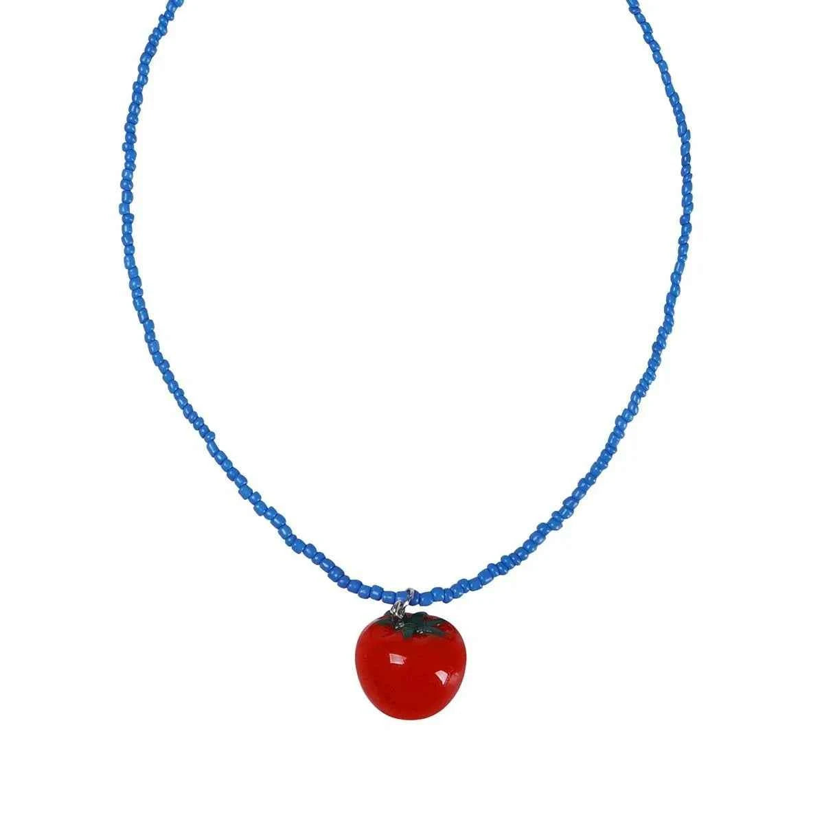 Blue Beaded Tomato Pendant Chain Necklace