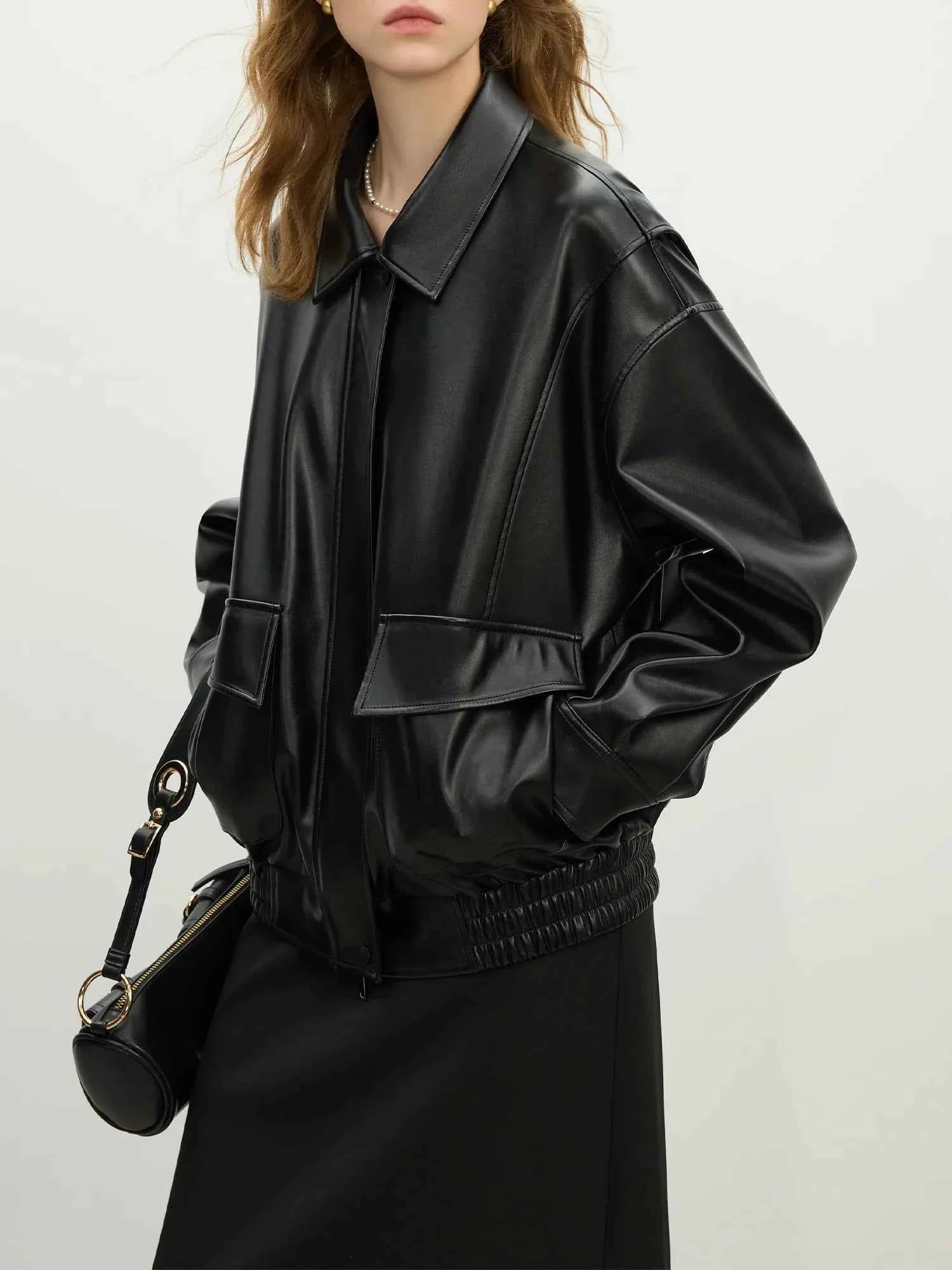 Women Black Casual Loose Leather Jacket