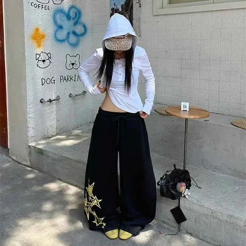 Premium Black Oversize Star Elastic Sweatpants