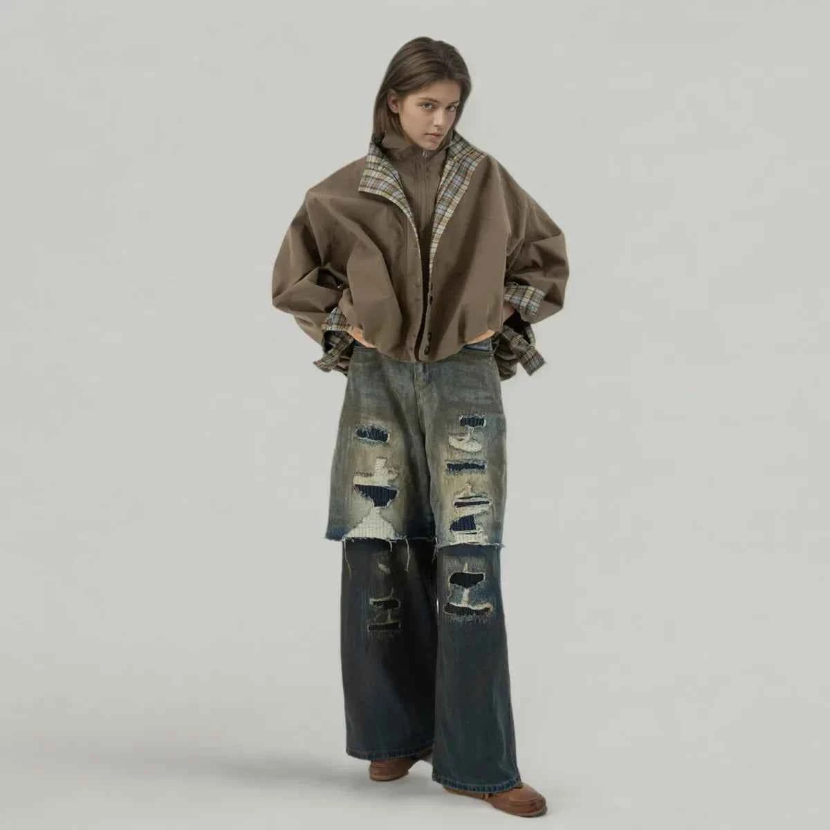 Elevated Retro Colorblock Plaid Casual Jacket