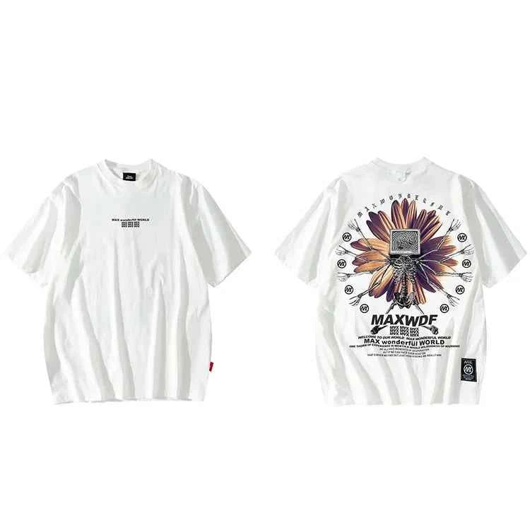 Oversize Skeleton Flower Printed Cotton T-Shirt