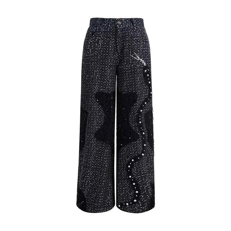 Pearl Patchwork Sequins Denim Jeans