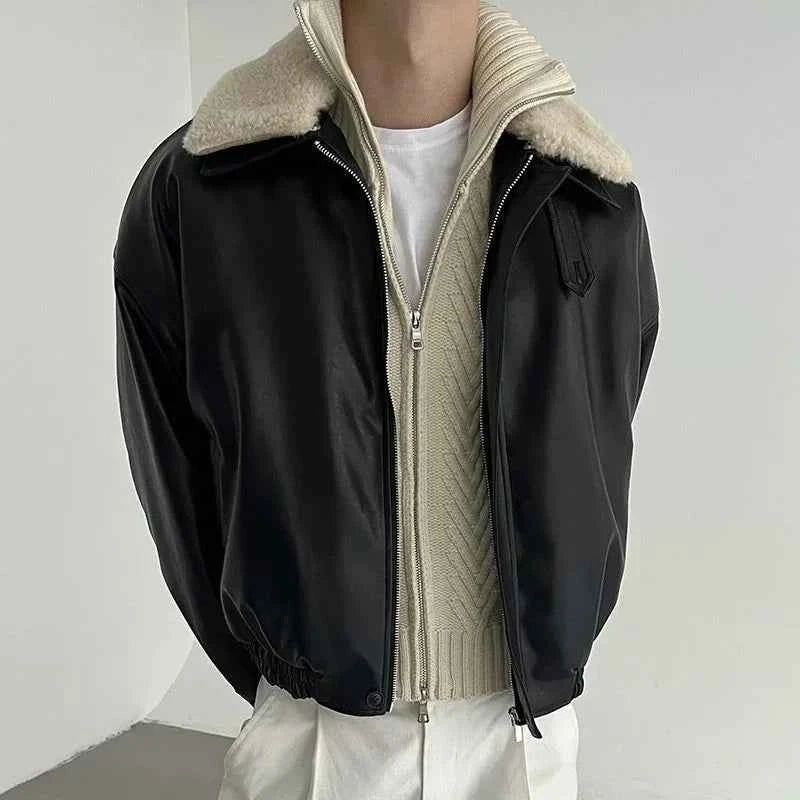 Detachable Fur Collar Thick Velvet Lined Leather Jacket