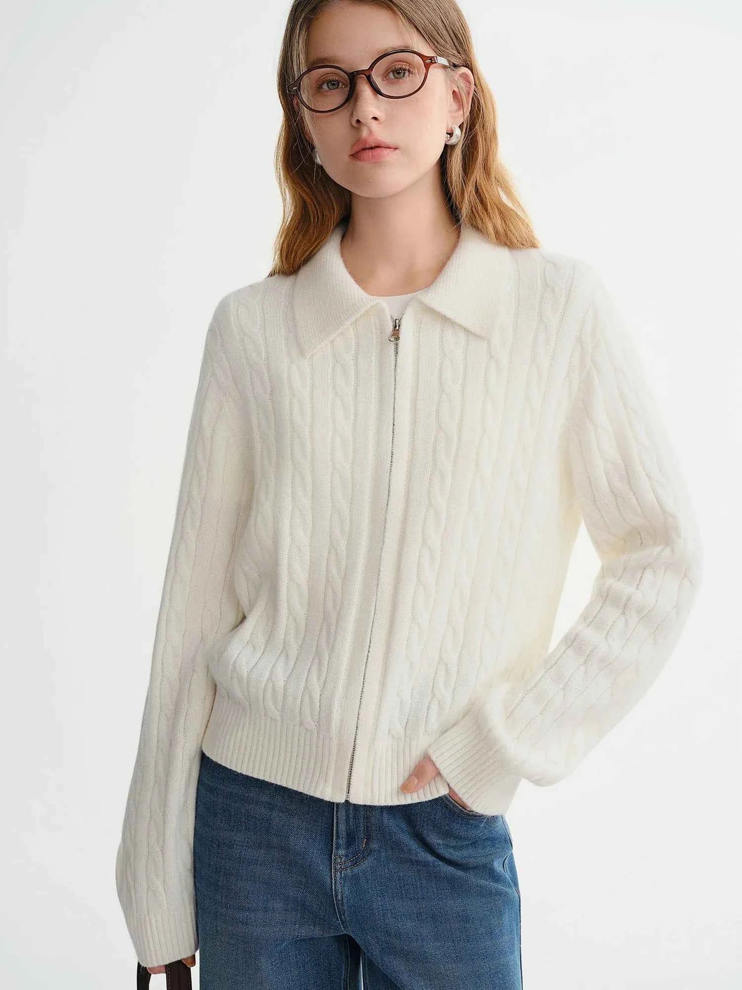 Soft Waxy Knitted Turn-Down Collar Zipper Cardigan