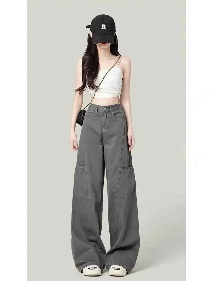 Easy Move High Waist Loose Gray Cargo Pants