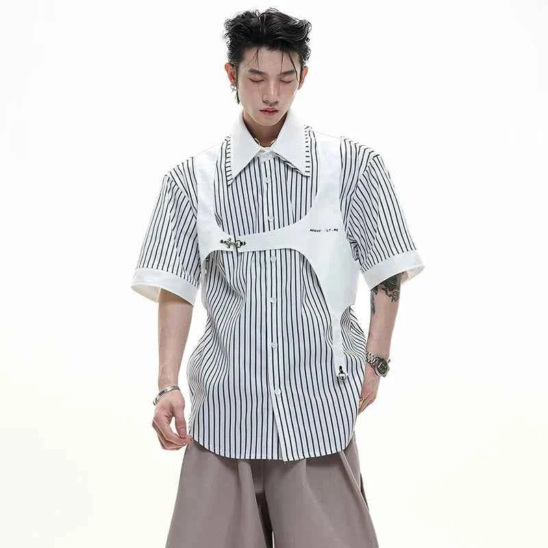 Men Clean Aesthetic Patchwork Short Sleeve Shirt