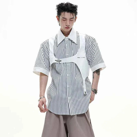 Men Clean Aesthetic Patchwork Short Sleeve Shirt