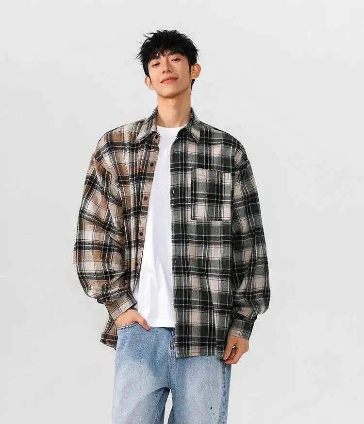 Streetwear Stylish Two Color Plaid Patchwork Cotton Long Shirt