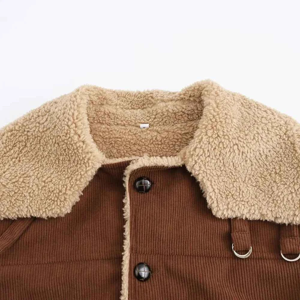 Women Solid Spliced Button Fur Jacket