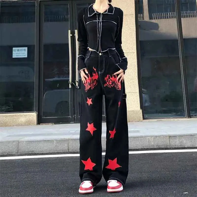 Vintage Hip Hop Red Star Painted Jeans