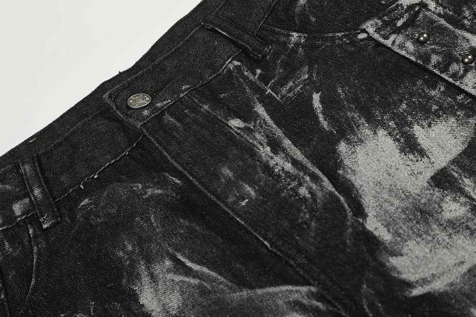 Streetwear Rivet Patchwork Black Wide Leg Jeans