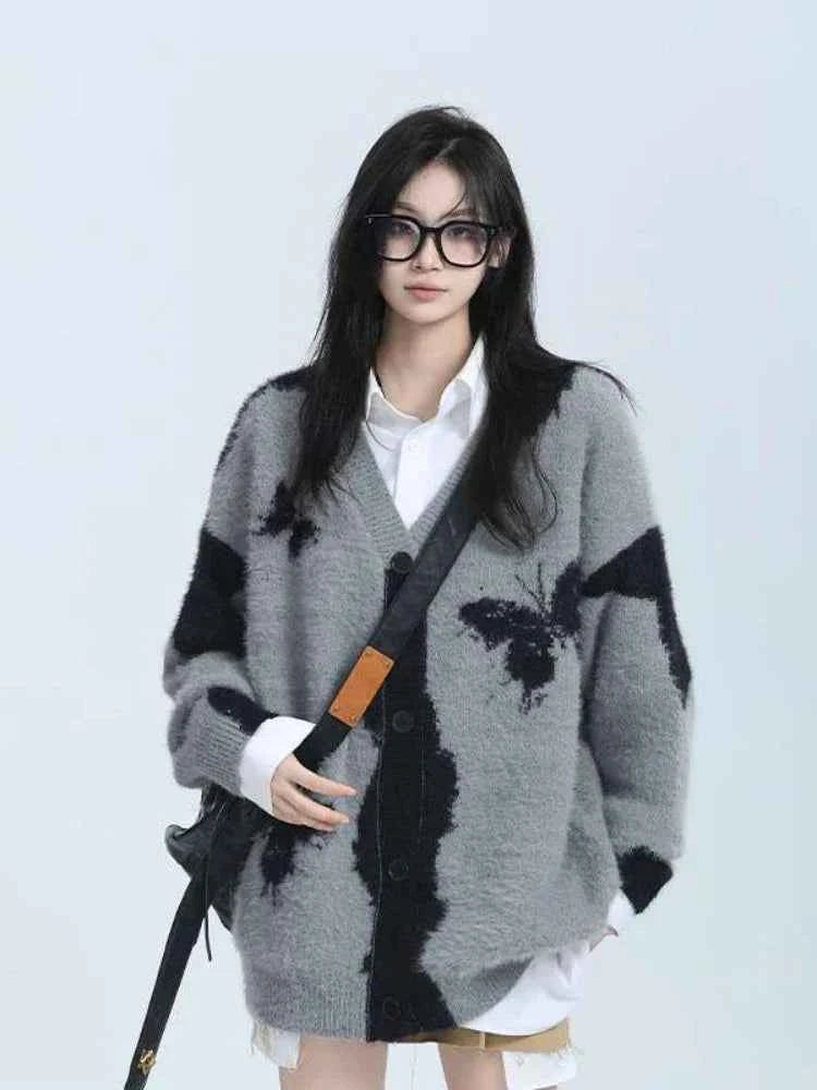 Vintage Butterfly Jacquard Knitted Cardigan