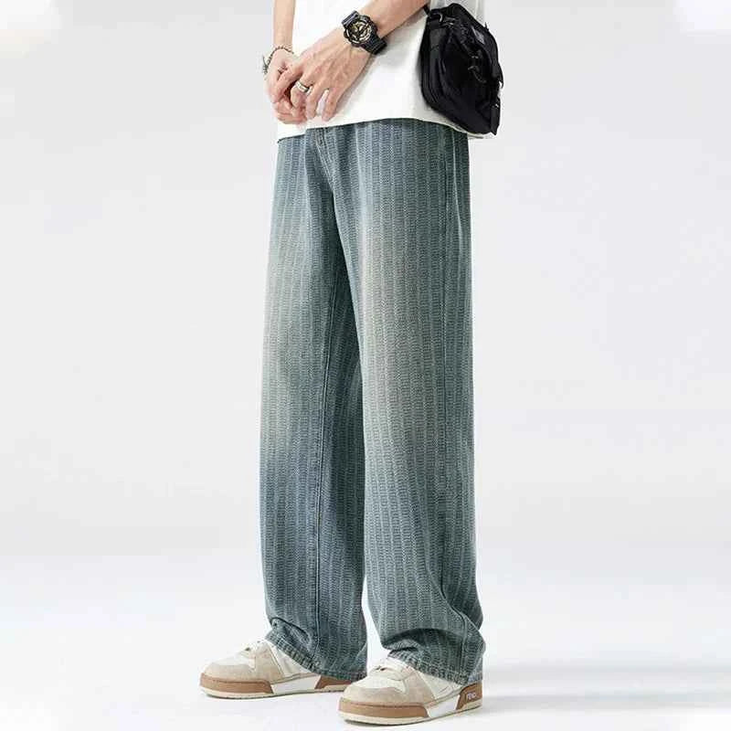 Vintage Blue Striped Autumn Wide Leg Denim Jeans