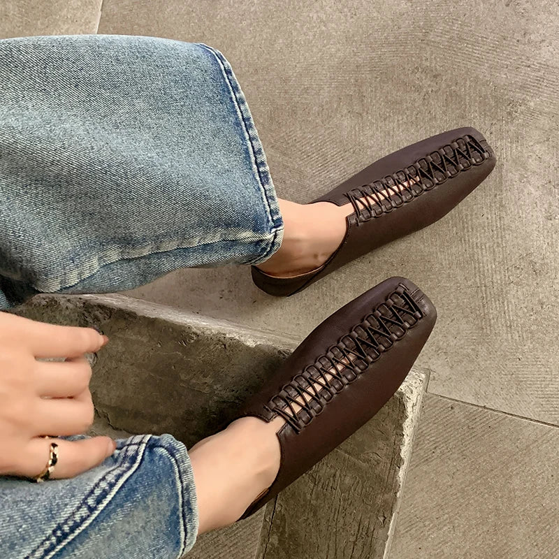 2025 Spring Summer New Women Low Heel Square Toe Basic Casual Working Comfortable Flats Soft Genuine Leather Shoes Woman Concise