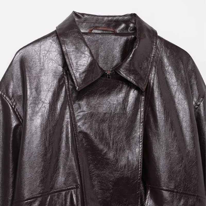 Streetwear Coffee PU Leather Zipper Jacket