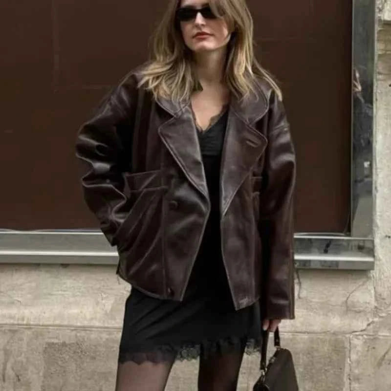 Burgundy Faux Long Sleeve Leather Jacket